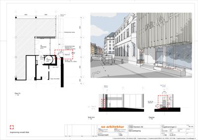 Et fotografi av en eksisterende bygning med en tegning overlappet på høyre side.