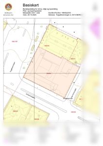 Basiskart (situasjonsplan) som viser eiendomsgrenser, bygninger, vegnett og andre planmessige elementer for en tomt i Bergen.