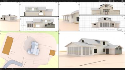 Bildet viser en 3D-visualisering (rendering) av et husprosjekt. Det er en samling av ulike visninger, inkludert etasjeplaner, fasadeopprikk og en situasjonsplan, presentert i et 3D-modellprogram.