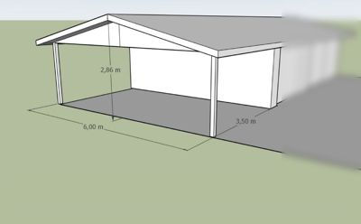 3D-visualisering av en enkel bygning (garasje eller carport) med angitte mål.