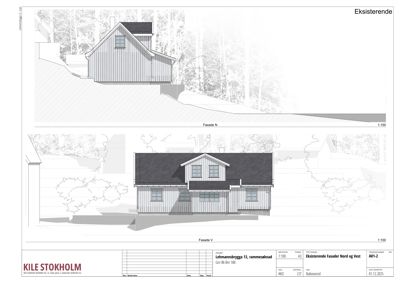 Fasadetegning som viser eksisterende bygning sett fra nord og vest.