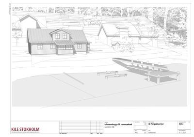 3D-visualisering (rendering) av et nytt bygg og en kai sett fra vest.