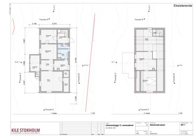 Etasjeplaner (1. og 2. etasje) med romfordeling, mål og fasadeopprikk.