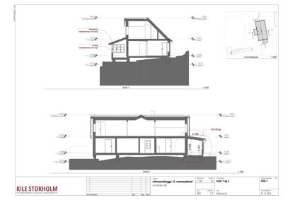 Tegning som viser tverrsnitt gjennom bygningen (Snitt 1 og 2) med høydemål, etasjer og situasjonsplan.