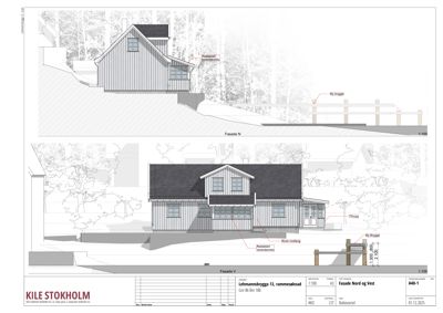 Bildet viser to fasadetegninger (Nord og Vest) for en bygning i en byggesak.