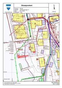 Situasjonskart som viser eiendommen 86/180 i forhold til nabolaget, med angitte bygninger, vegger, og planlagte endringer.