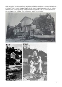 Historiske svart-hvitt-fotografier av et gammelt utbygd hus ved kysten, inkludert en hovedopptak og to mindre innfelt bilder.