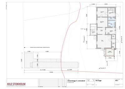 Etasjeplan (planbrygge) som viser romfordeling, mål og fasader for en bygning.