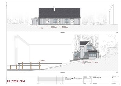 Tegning som viser fasadeoppsett for bygningen sett fra sør og øst, inkludert detaljer om vinduer, dører og materialer.