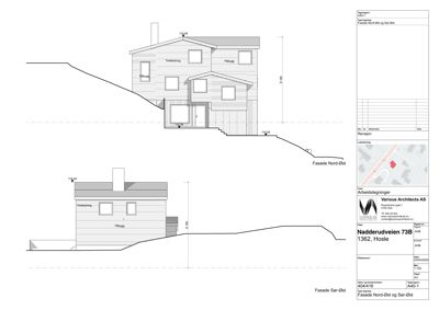 Fasadetegning som viser bygningens utseende sett fra nord-øst og sør-øst, inkludert høydemål og terrengforhold.