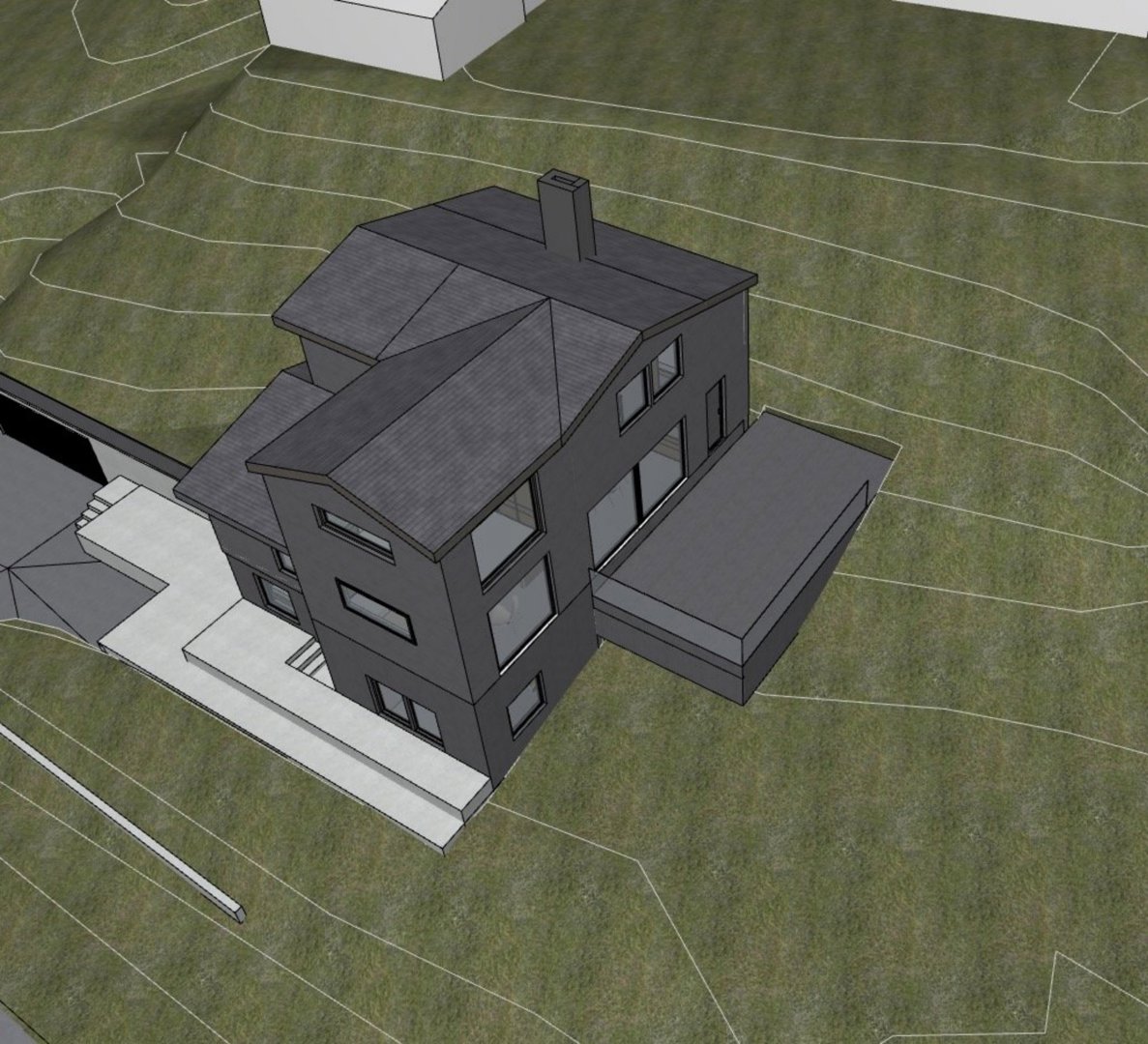 3D-visualisering av en husmodell sett fra en vinkel som viser både fasade og deler av taket, plassert på et terreng med høydelinjer.