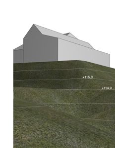 En fasadetegning som viser bygningens utseende sett fra siden, med terrengformet og høydeangivelser (+114.0, +115.0).