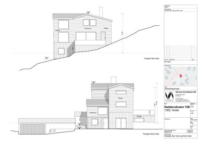 Fasadetegning som viser bygningens utseende sett fra sør-vest og nord-vest, inkludert høydemål og terrengforhold.