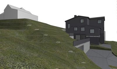 Situasjonsplan som viser bygningens plassering i forhold til terrengformet (høydekurver) og nabolag.