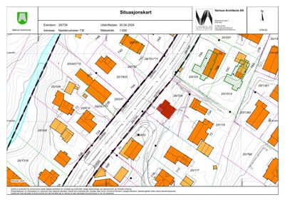 Situasjonskart som viser eiendomsnummer, bygninger, vegnett og topografi for eiendommen Nadderudveien 73E.
