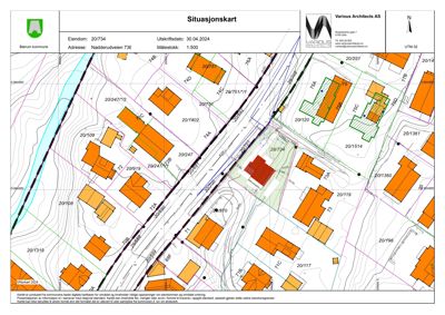 Situasjonskart som viser eiendomsnummer, adresse, naboeiendommer, topografi og bygningsplassering.