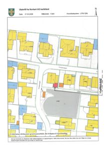 Kartutsnitt fra Norkart som viser eiendomsgrenser, bygninger og veier i et område.