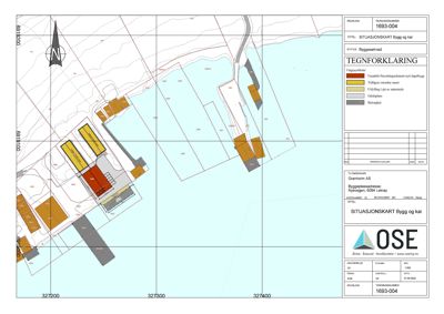 Situasjonskart som viser tomtens beliggenhet, eksisterende og planlagt bebyggelse (fargekodet), samt infrastruktur.