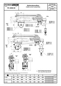 Teknisk tegning (konstruksjonstegning) av en seilvindu-enhet (Cable winch assembly) med dimensjoner, delenummer og spesifikasjoner.