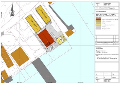 Situasjonskart som viser tomtens beliggenhet, naboeiendommer og planlagt bebyggelse med fargekoding.