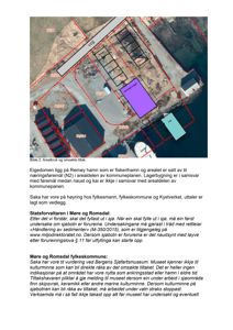 Et luftfoto av eiendom på Remøy hamn med overlagte røde linjer som viser arealbruksgrenser og en markert bygning.