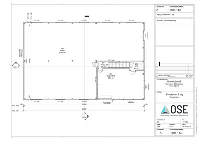 Etasjeplan for 2. etasje som viser romfordeling, mål og areal.