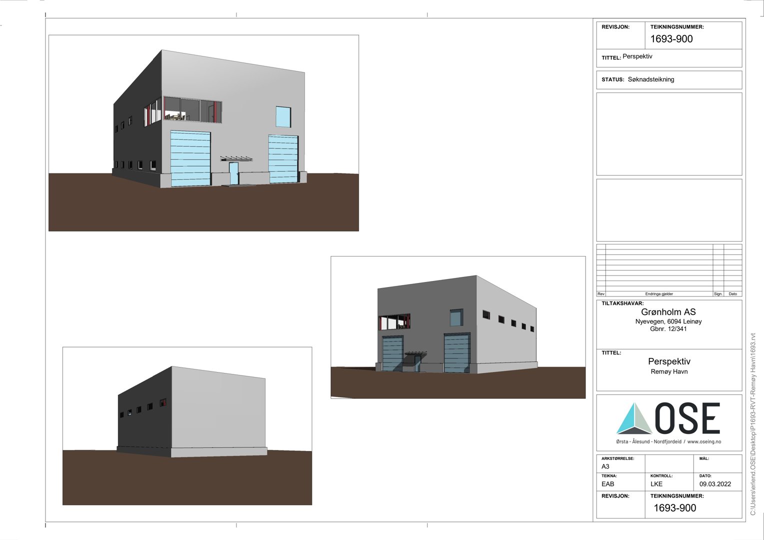 Bildet viser en 3D-visualisering (perspektiv) av en planlagt bygning sett fra flere vinkler, inkludert detaljer av fasade og inngang.