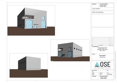 Bildet viser en 3D-visualisering (perspektiv) av en planlagt bygning sett fra flere vinkler, inkludert detaljer av fasade og inngang.
