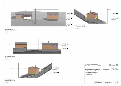 Fasadetegning som viser bygningens utseende fra fire sider (vest, nord, øst, syd) med høydeangivelser.