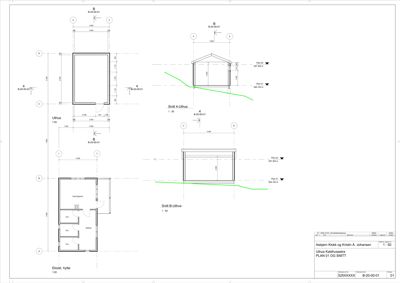 Snittegning av en eksisterende hytte (Uthus) med oppgitt mål, høyder og terrengforhold.