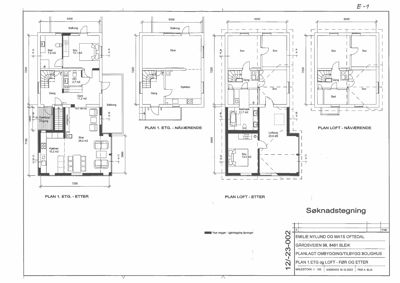 Plantegning som viser romfordeling og dimensjoner for etasjene i en bolig (før og etter ombygging).