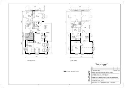 Plantegning som viser romfordeling og dimensjoner for første etasje (PLAN 1. ETG) og loft (PLAN LOFT) i en bolig.