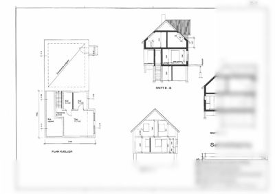 Bildet viser en søknadstegning som inneholder et etasjeplan for kjelleren (PLAN KJELLER) og tre snittegninger (SNITT A-A, B-B, C-C) av en bolig.