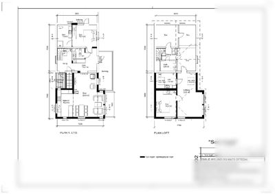 Plantegning som viser romfordeling og dimensjoner for første etasje (PLAN 1. ETG) og loft (PLAN LOFT) i en bolig.