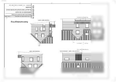 Fasadetegning som viser bygningens utseende fra fire sider (Nord, Sør, Øst, Vest) med angivelse av eksisterende og tilbygg.