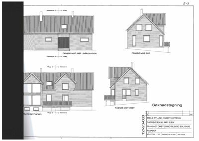 Fasadetegning som viser bygningens utsyn mot sør, øst og vest.