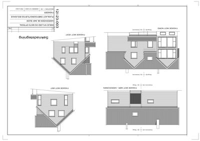 Fasadetegning som viser oppriss av bygningen sett fra fire sider (Nord, Sør, Øst, Vest).