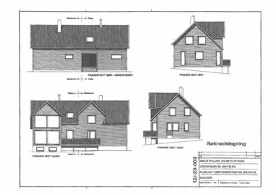 Fasadetegning som viser bygningens utseende fra fire ulike sider (Nord, Sør, Øst og Vest).