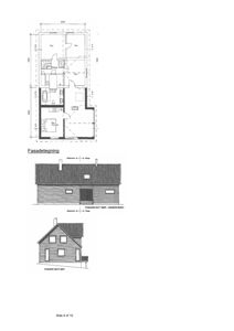 Fasadetegning med oppriss av bygning sett utenfra, inkludert etasjeplan og detaljer