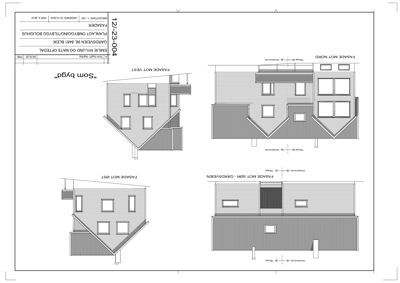 Fasadetegning som viser bygningens utseende fra fire sider (Nord, Sør, Øst, Vest) med angivelse av eksisterende og tilbygg.