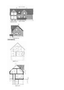 Bildet viser en samling av snittegninger (Snitt A-A) og fasadetegninger (Fasade mot Nord, Fasade mot Vest) for en bolig.