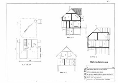 Bildet viser en søknadstegning som inneholder et etasjeplan for kjelleren (PLAN KJELLER) og tre snittegninger (SNITT A-A, B-B, C-C) av en bolig.