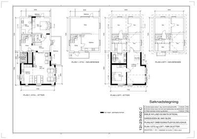 Plantegning som viser romfordeling og dimensjoner for etasjen under (1. etg) og loftet, både før og etter en planlagt ombygging.