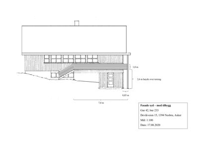Fasadetegning som viser bygningens utseende fra syd, inkludert etasjeplaner, vinduer, trapp og mål (7,8 m bredde, 1,0 m høyde). Tegningen har også en tilbyggingsdel.
