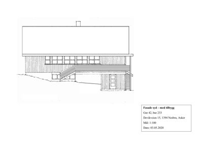Fasadetegning av en bygning sett fra sør, med en tilbygget del og en trapp.