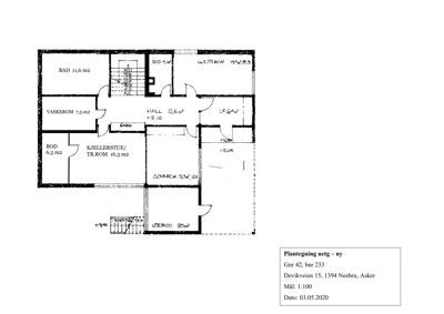 Etasjeplan som viser romfordeling, arealer og veggkonstruksjoner for en bolig.