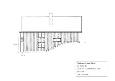 Fasadetegning av en bygning sett fra nord, med mål og adresseinformasjon.