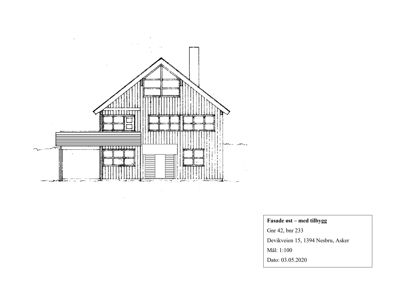Tegning av fasaden sett fra øst, inkludert et tilbygg. Tegningen viser vindusoppsett, takform og materialvalg (trepanel).