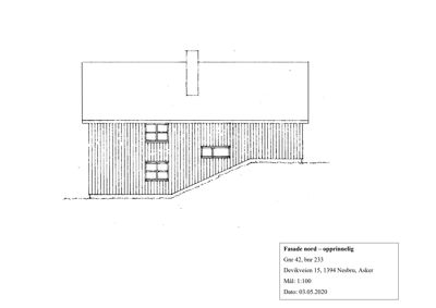 Fasadetegning av en bygning sett fra nord, med tekstboks som angir 'Fasade nord – opprinnelig'.