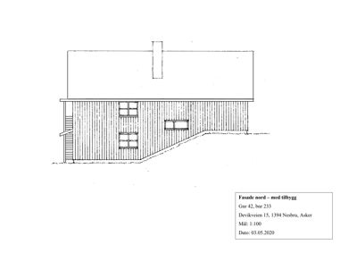 Fasadetegning av en bygning sett fra nord, med en skisse over etasjen over og en trapp til venstre.